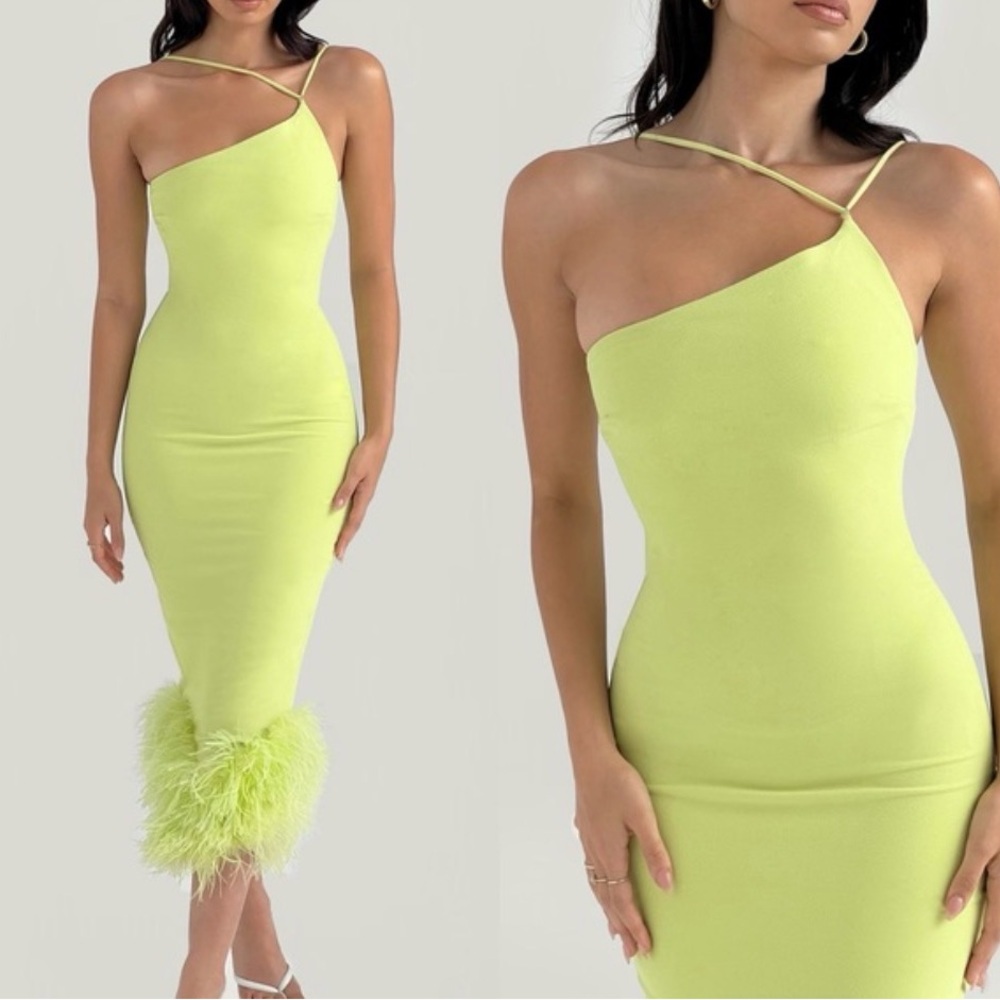 Lime Green One-Shoulder Feather-Hem Midi Dress